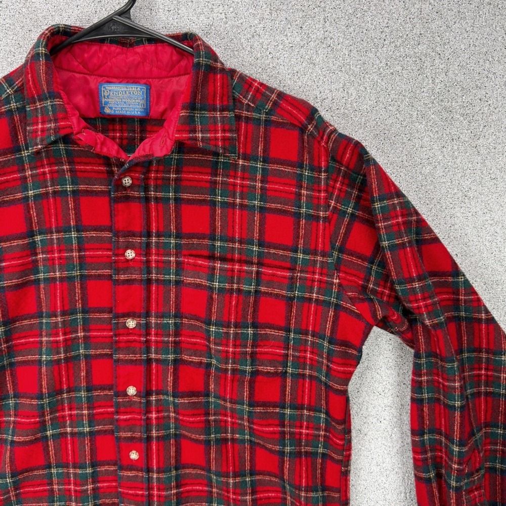 Pendleton Mens VTG Red Tartan Plaid Virgin Wool Flannel Button Down Shirt L USA - Picture 5 of 12